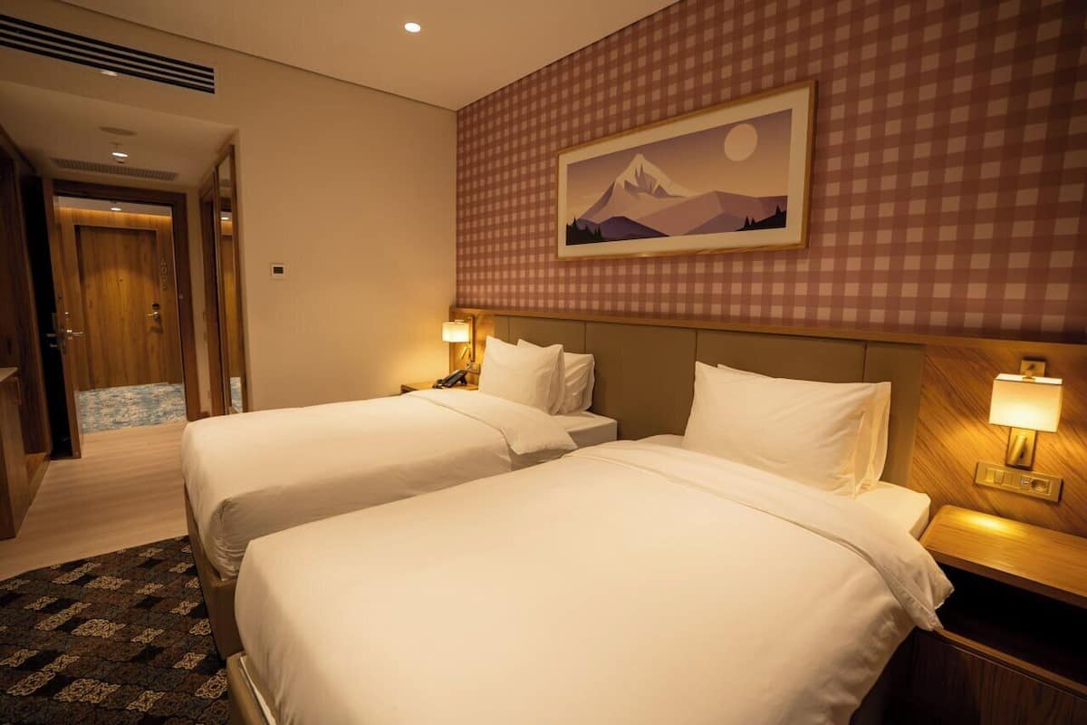 Habitación de hotel con dos camas, pared a cuadros, un cuadro enmarcado de una montaña y una puerta de madera.