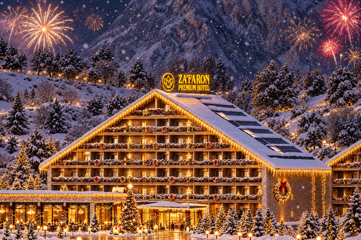 A multi-story hotel with a snow-covered roof, festive decorations, and a sign indicating it is a premium hotel.