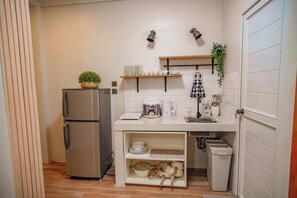 Une cuisine compacte équipée d’un réfrigérateur, d’un plan de travail avec une machine à café et d’une plante suspendue.