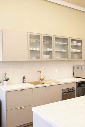 A modern kitchen with a built-in dishwasher, a stainless steel oven, and a countertop with a sink. - Hotel AVKA Vienna (Vienna)