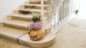 A staircase with a white railing and a potted plant with purple flowers on the landing.