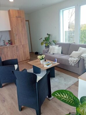 A modern living room with a grey sofa, a wooden cabinet, wicker chairs, a coffee table with books and a plant, and a large window. - Zurich Airport Cozy Studio (Oberglatt)
