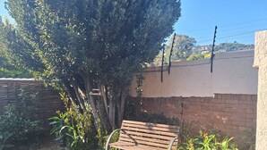 Un banco en un jardín con un árbol y plantas.