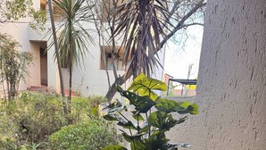 Un patio con una mesa y sillas, una planta en maceta y suelo de ladrillo.