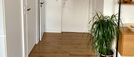 A hallway with wooden flooring, white walls, a potted plant, and a door with a hanging ornament.