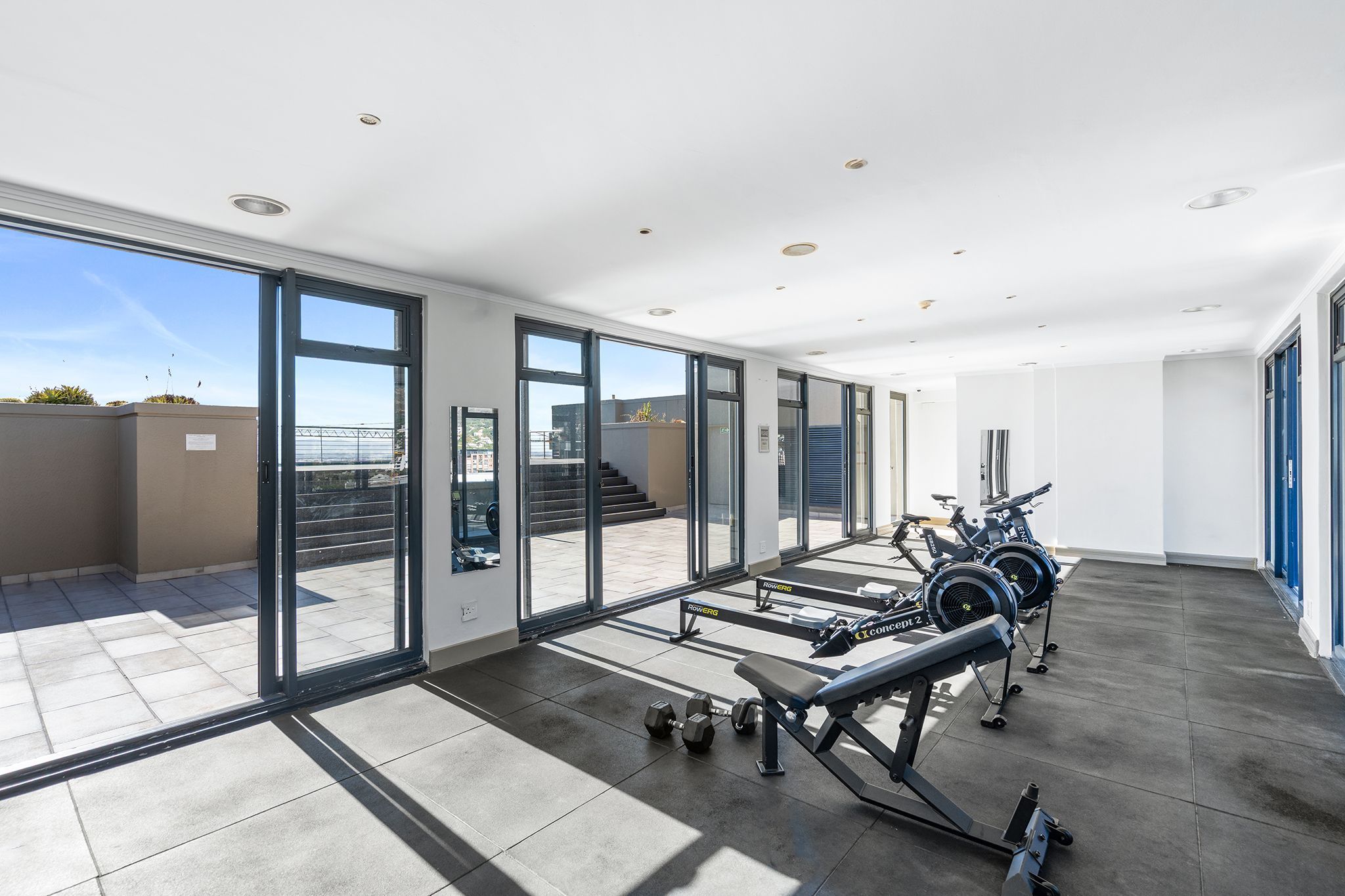 A modern gym with exercise equipment, large windows, and a view of the city.