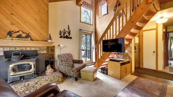 TV, fireplace, books