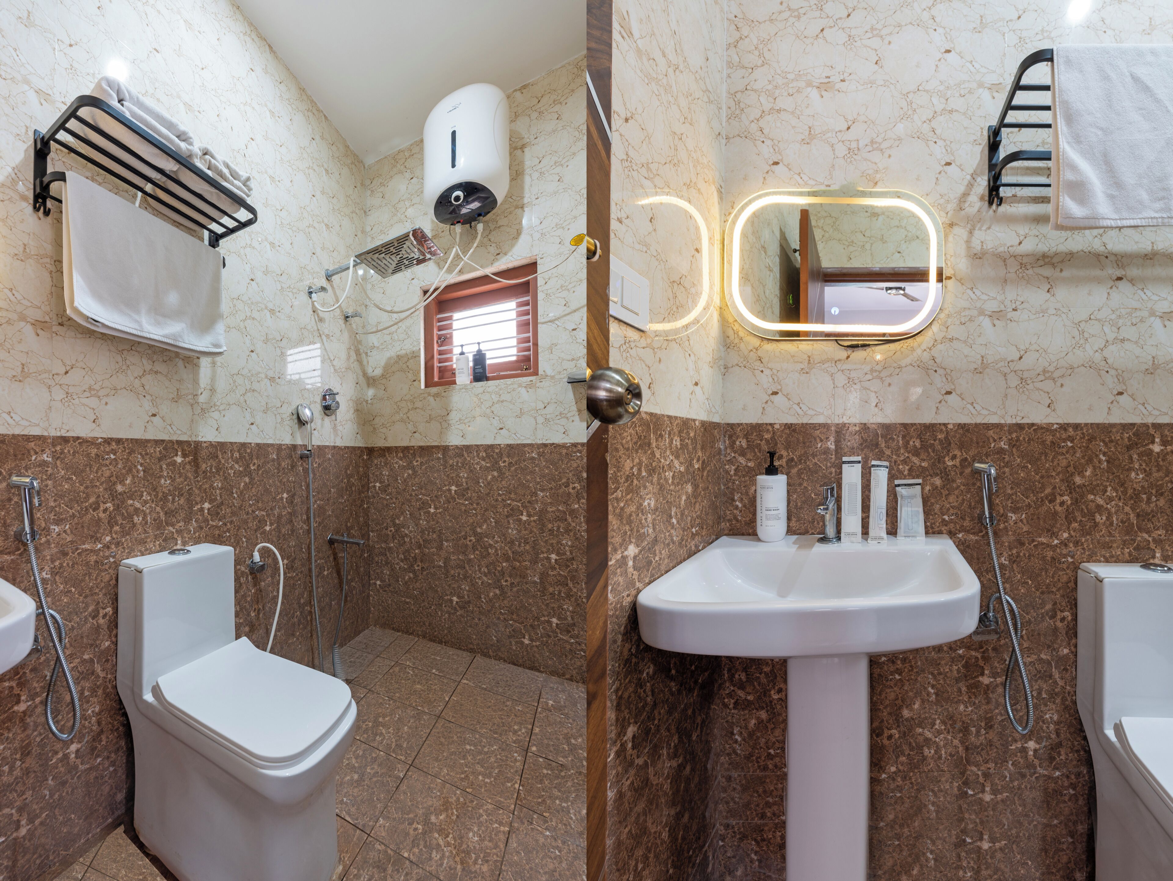 Een badkamer met toilet, bidet, wastafel en handdoekhouder.