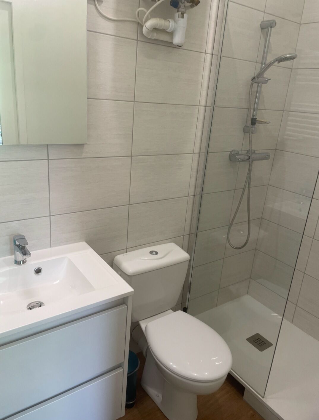 Regadera, secadora de cabello, toallas, papel de baño 