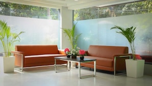 Un salon moderne avec un canapé et une table basse, de grandes fenêtres donnant sur un paysage verdoyant et des plantes en pot.