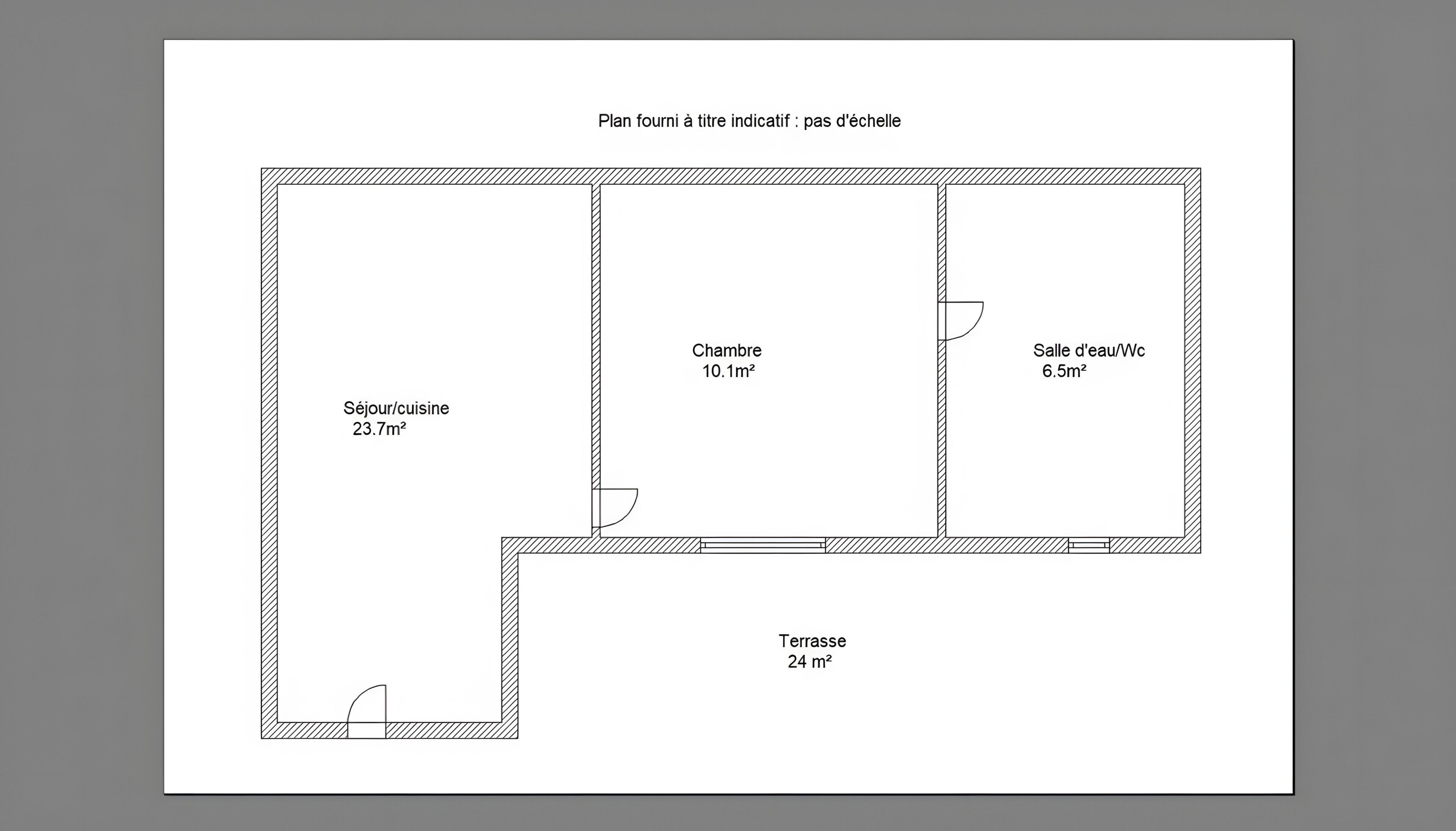 A floor plan with a living/dining area (23.7m²), a bedroom (10.1m²), a bathroom (6.5m²), and a terrace (24m²).