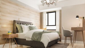 Una camera da letto moderna con un letto, un comodino, una sedia, una scrivania e un'ampia finestra.