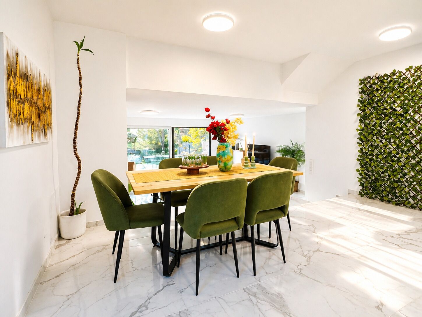 A modern dining area with a wooden table, green chairs, a vase with flowers, and a green wall with a climbing plant.