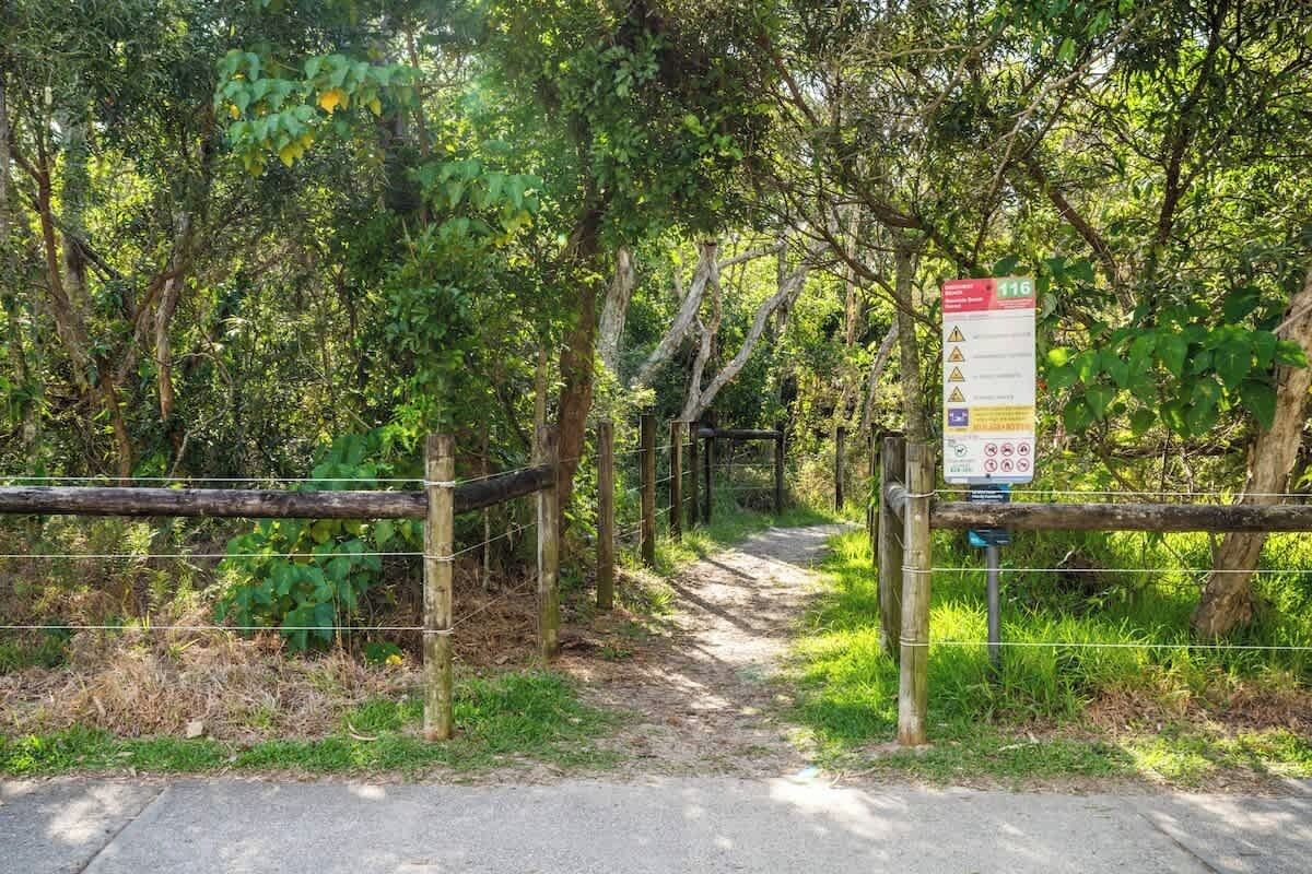 A forested path with a signpost and a fence.