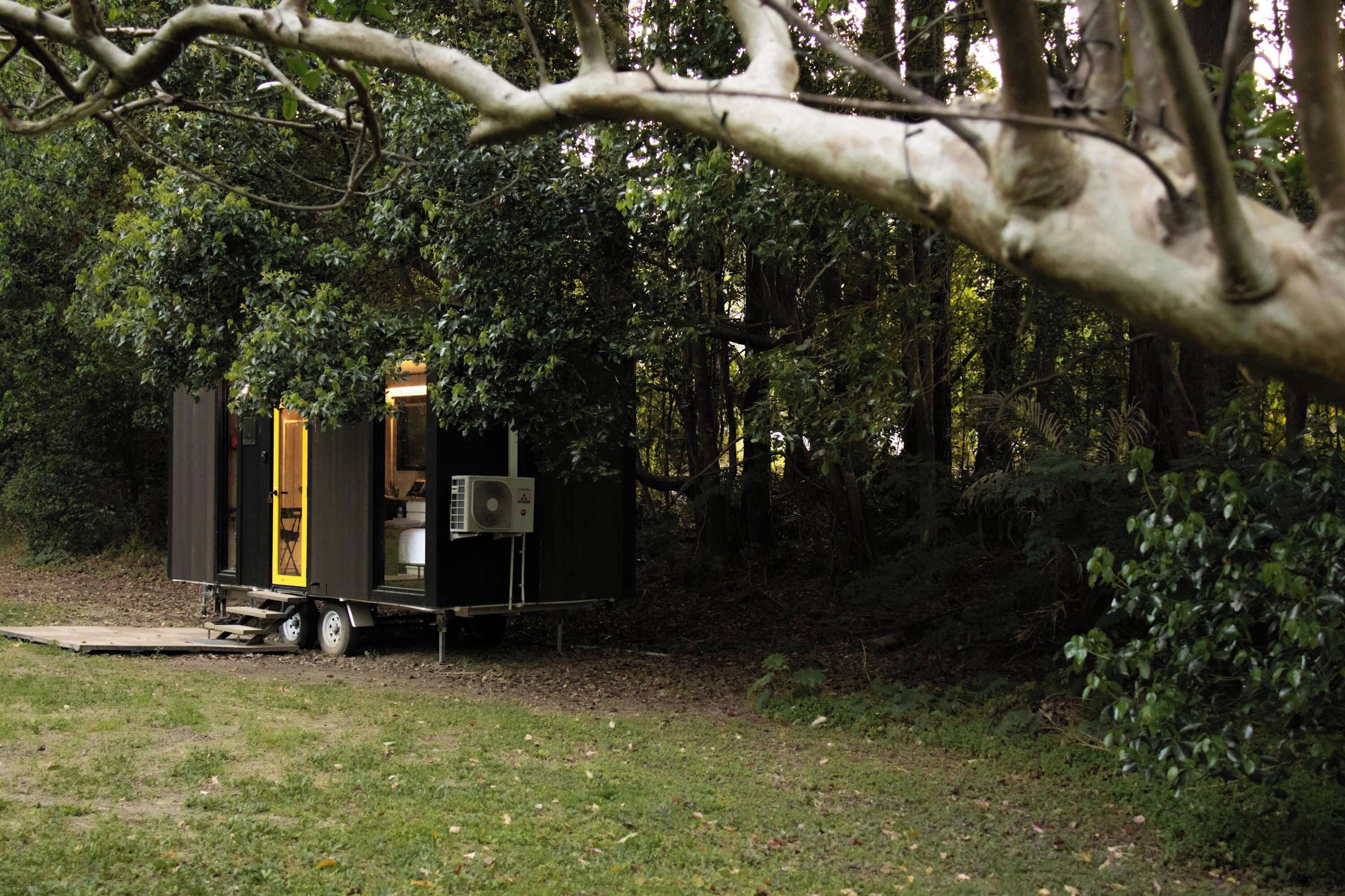 A small, dark-colored mobile home with a yellow door, situated in a wooded area with a grassy foreground.