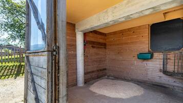 A wooden interior with a window, a feeding trough, and a brick floor.