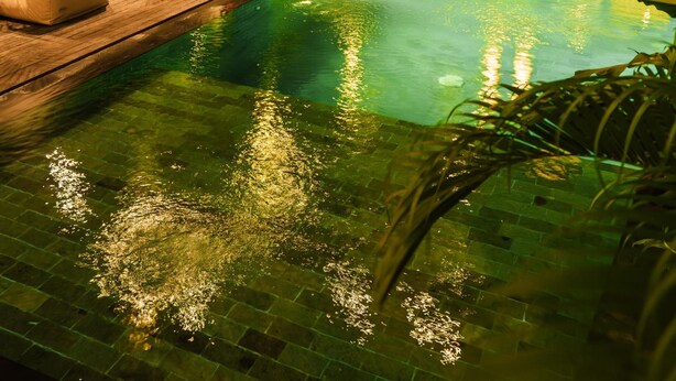 En indendørs swimmingpool med loungeområder, omgivet af grønt og planter.