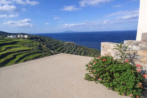 A terrace with a view of the sea, stone walls, and a garden with pink flowers.