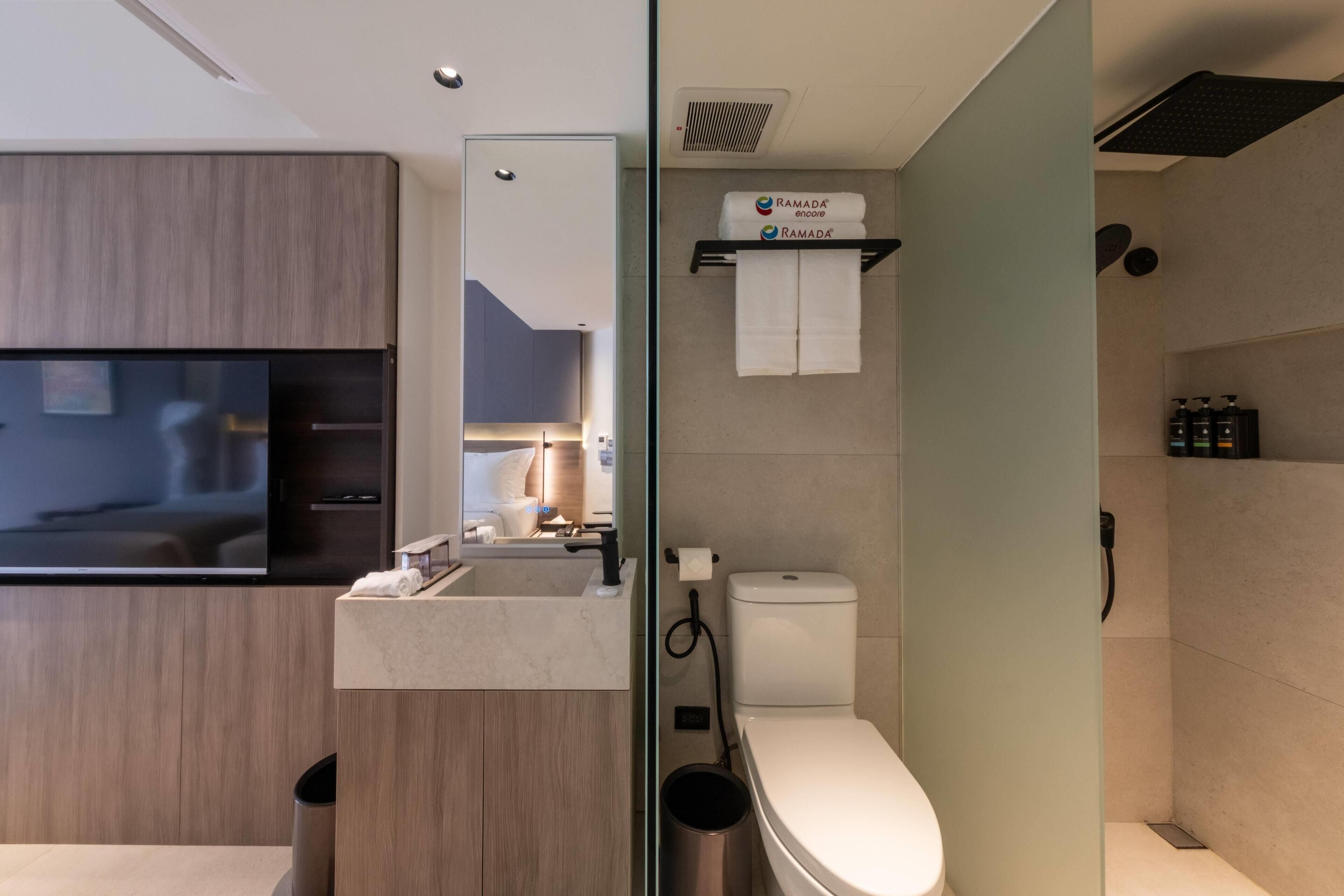 A modern bathroom with a toilet, sink, and mirror.