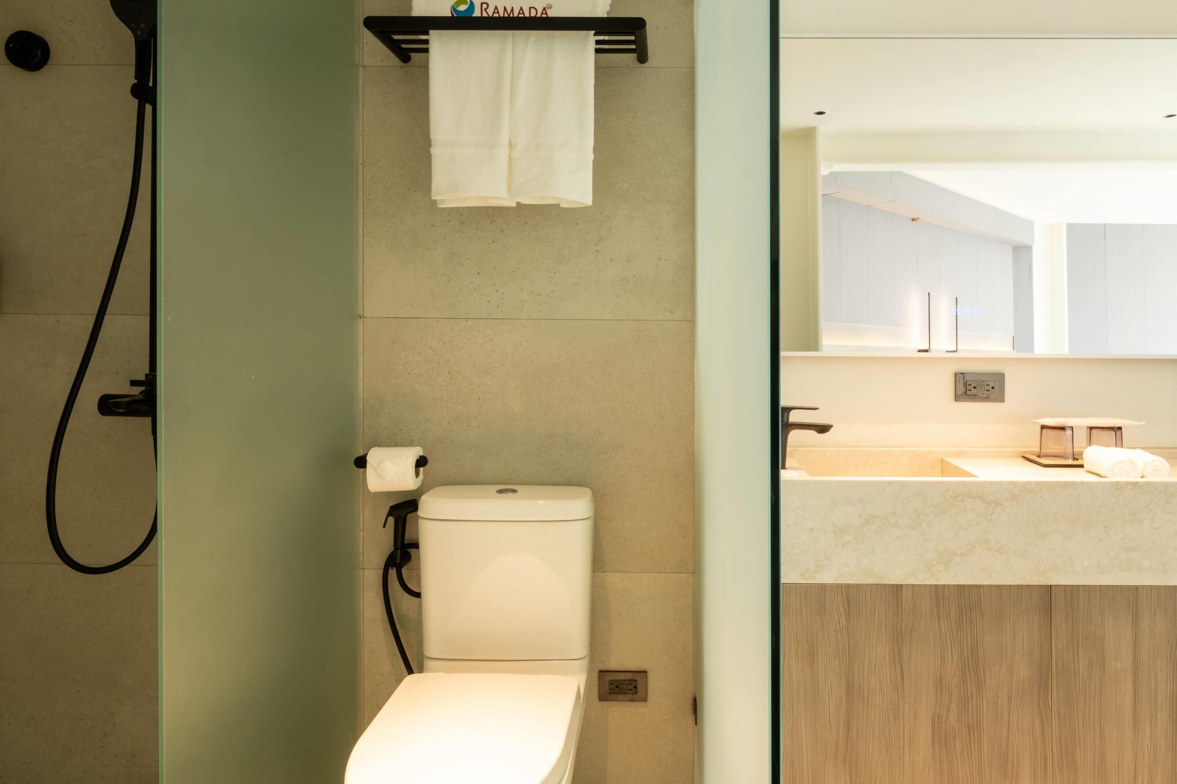 A modern bathroom with a toilet, a shower, and a sink area.