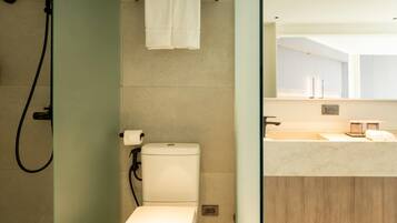 A modern bathroom with a toilet, a shower, and a sink area.