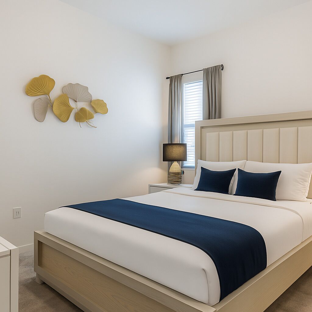 A bedroom with a bed, bedside tables, a lamp, and wall decorations.