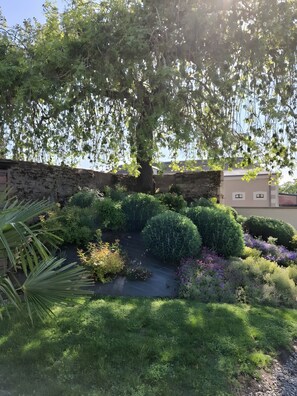 A landscaped garden with a variety of plants and a small water feature. - Guest Rooms - La Capucine (Château-Gontier-sur-Mayenne)