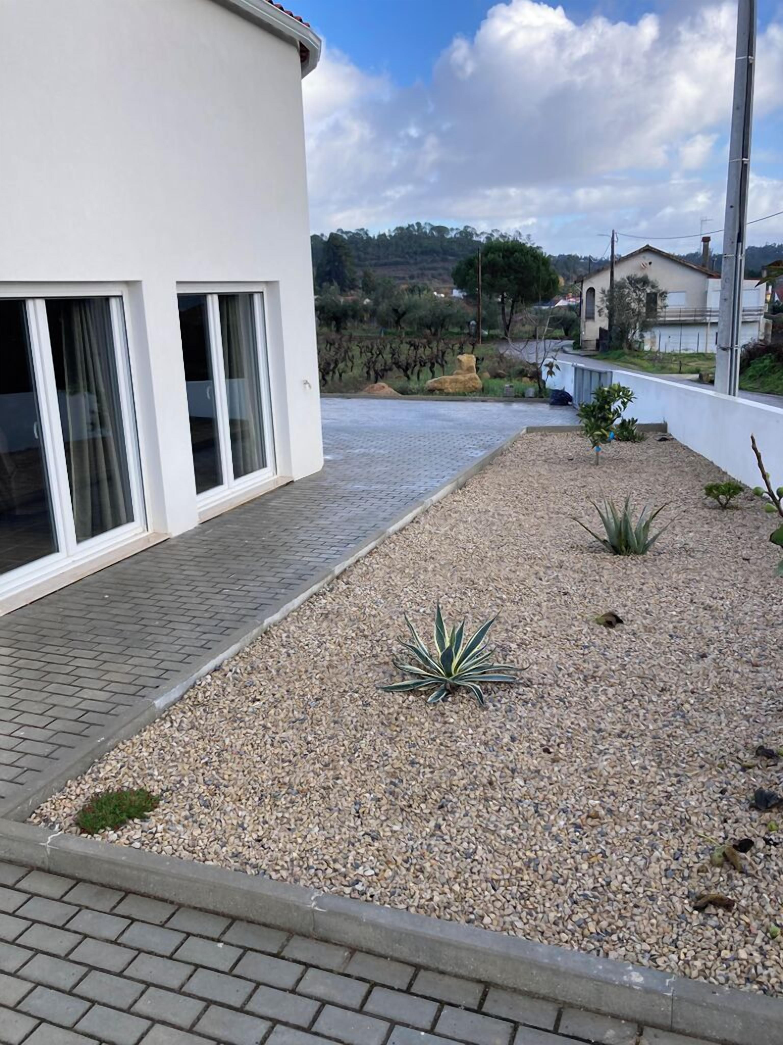 A modern building with large windows and a gravel garden with plants.