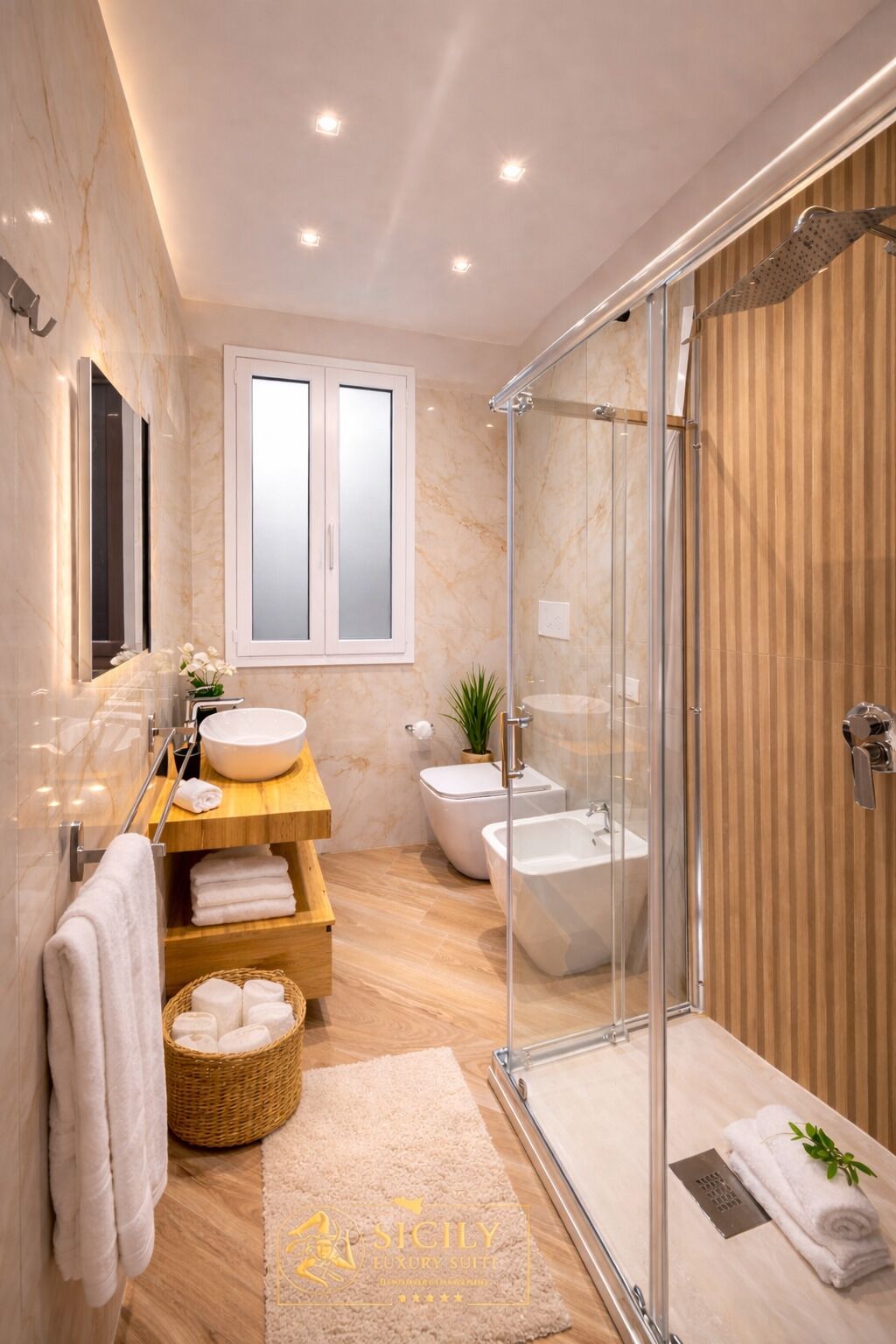 A modern bathroom with a glass shower enclosure, a freestanding bathtub, a vanity with a bowl sink, and a wooden floor.