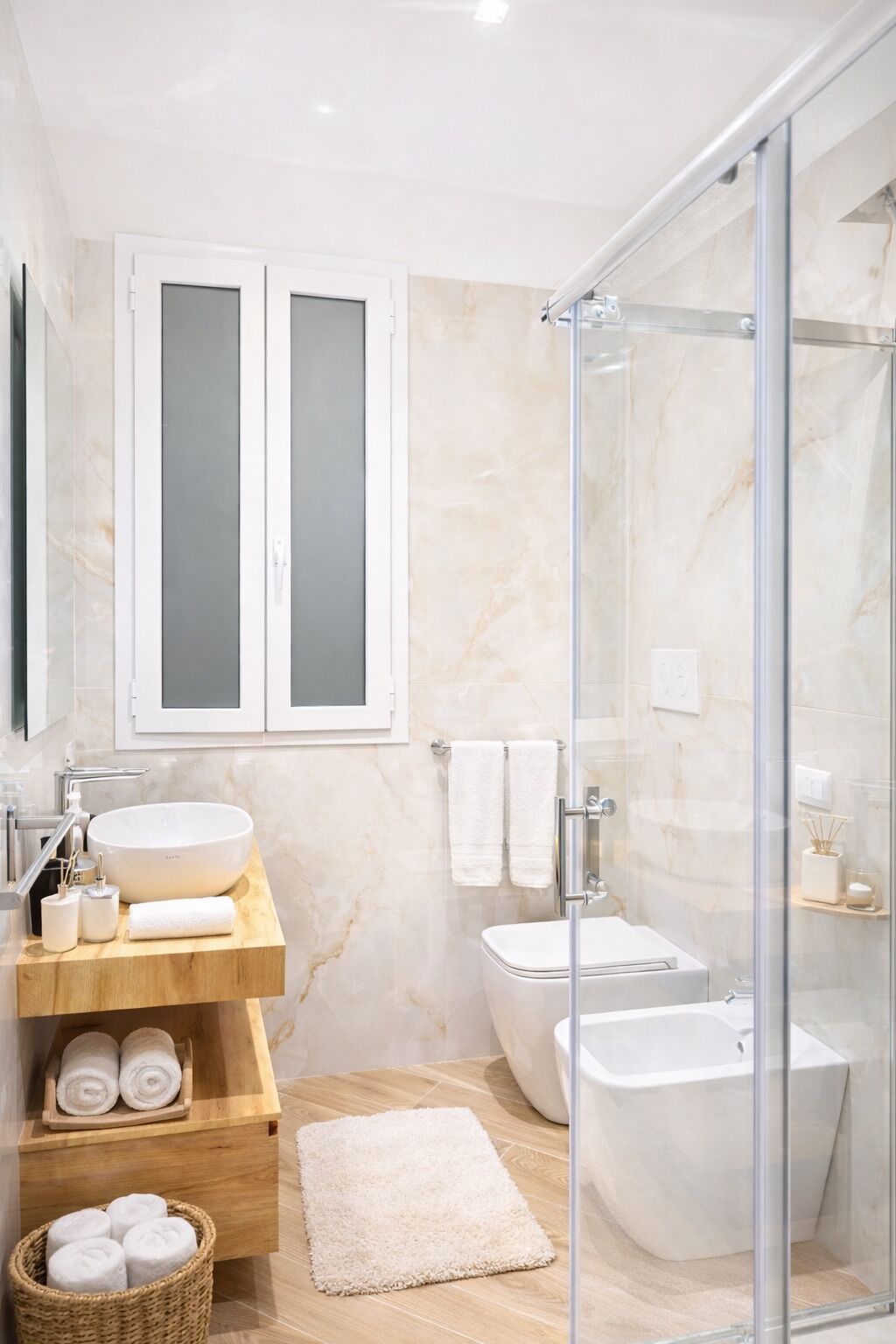 A modern bathroom with a glass shower enclosure, a freestanding bathtub, a large sink, and a wooden vanity.