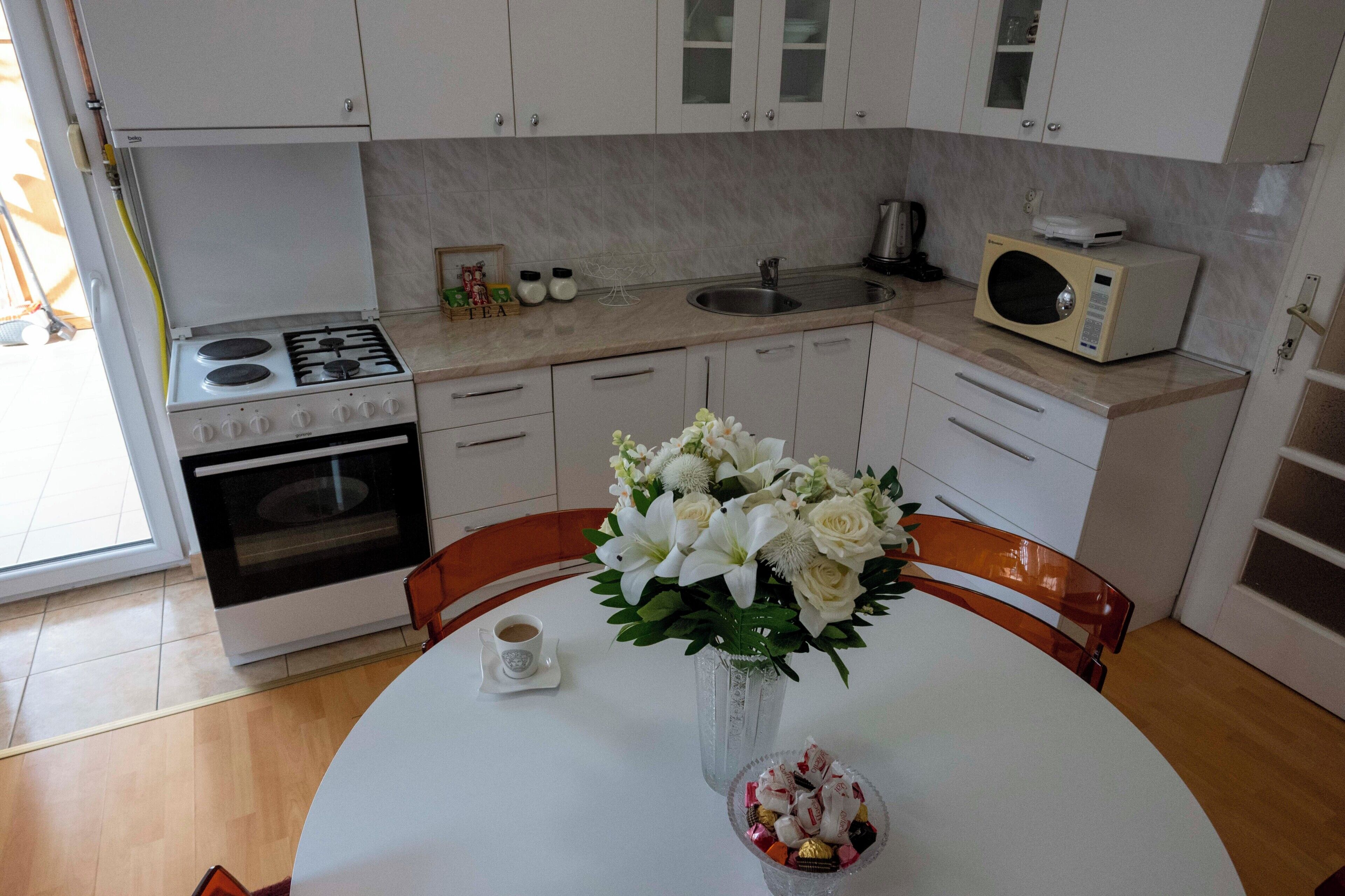 Appartement familial, 2 chambres, balcon, vue sur le jardin | Cuisine privée