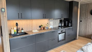 Une cuisine moderne avec des meubles de couleur grise, un four encastré et un évier.
