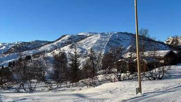 A snowy landscape with a clear sky, a street lamp, and a mountain in the background.