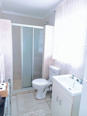 A bathroom with a toilet, shower, and sink. - Private Retreat, Sleeps 2, Perfect for Work & Play (Johannesburg)