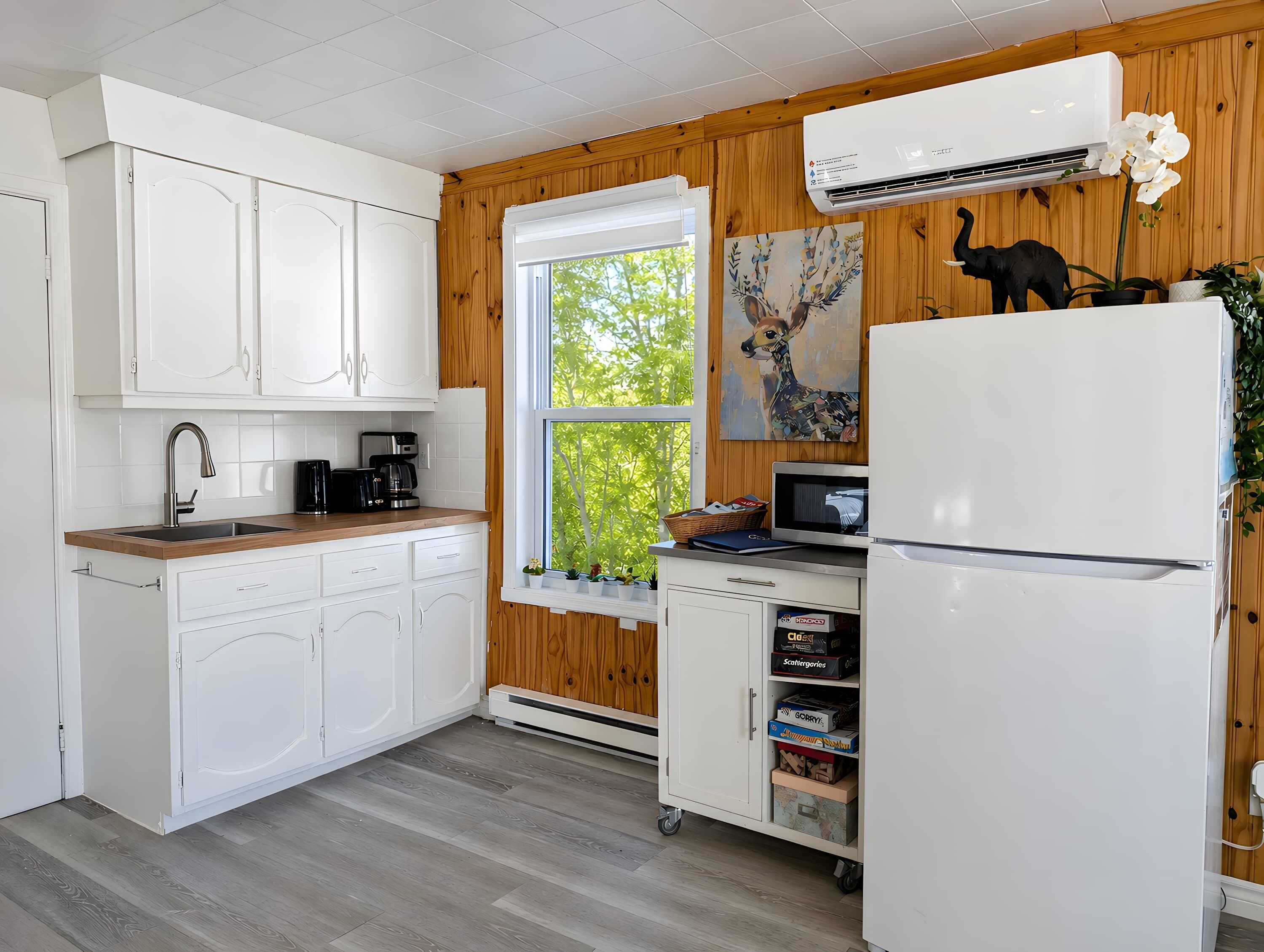 Coffee/tea maker, fridge, microwave, oven