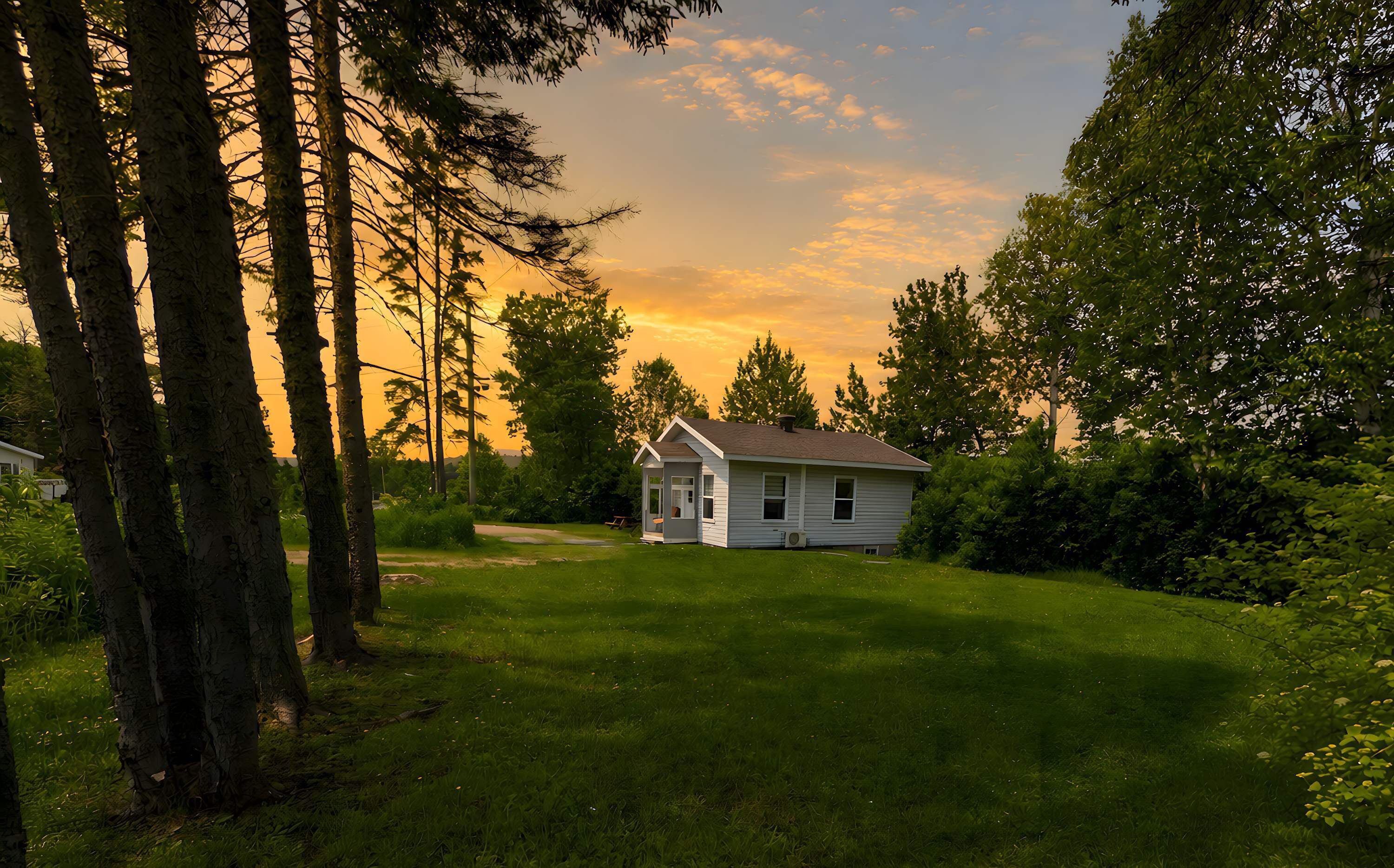 A single-story house with a front porch, surrounded by a well-maintained lawn and tall trees.