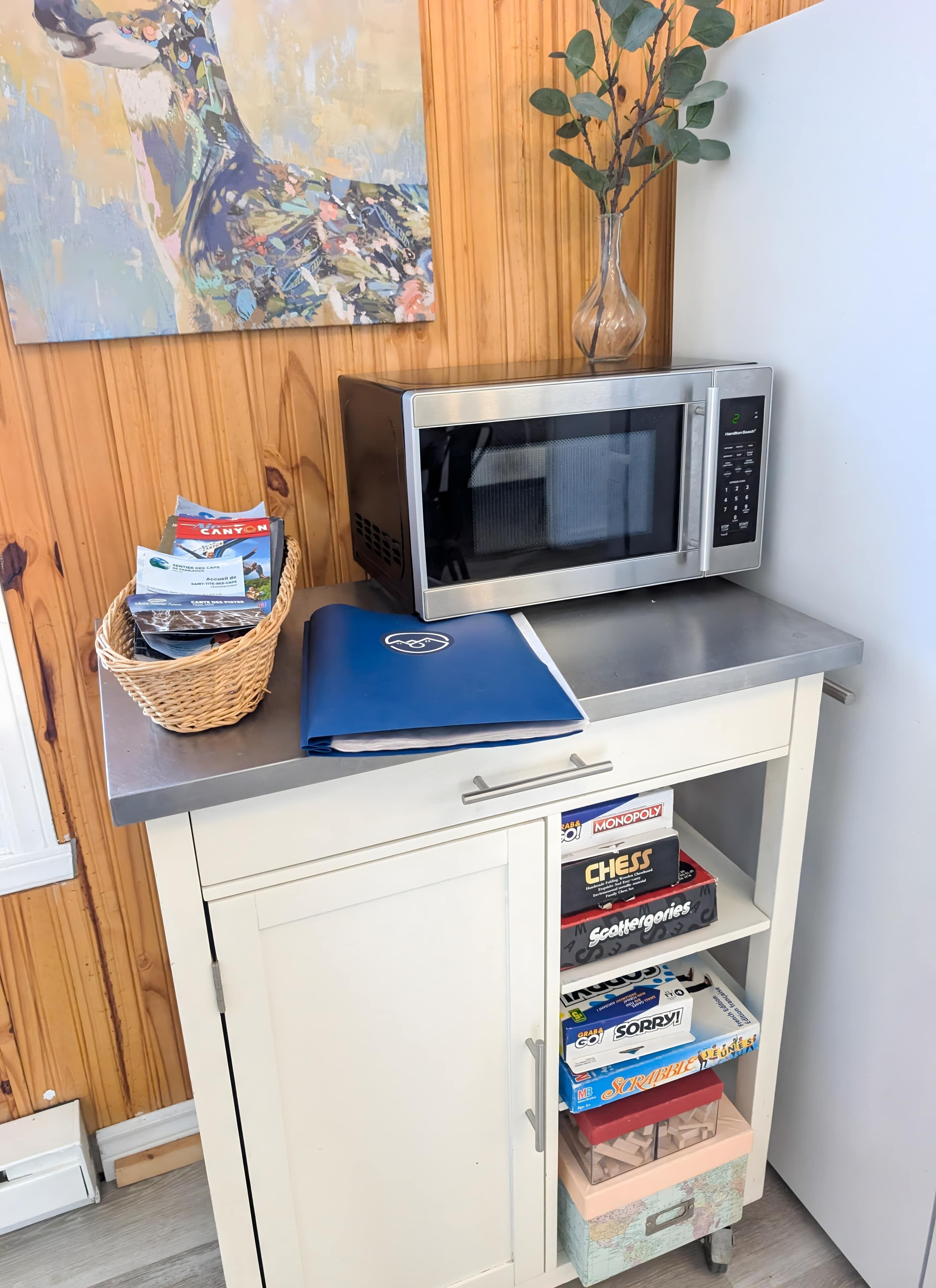 A kitchenette with a microwave, a basket of board games, and a blue folder on the counter.