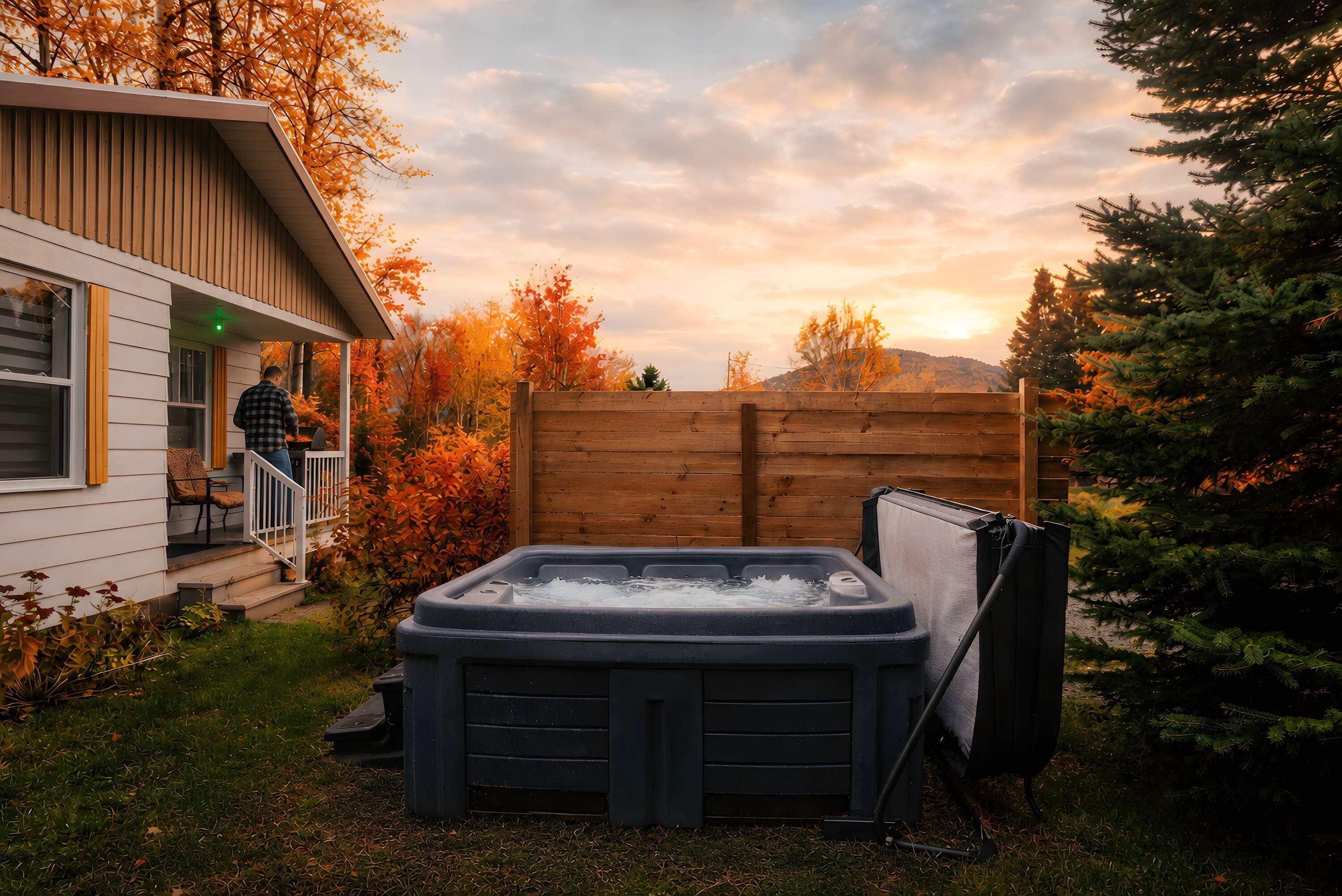 A hot tub in a backyard with a wooden fence, a house, and autumn foliage.
