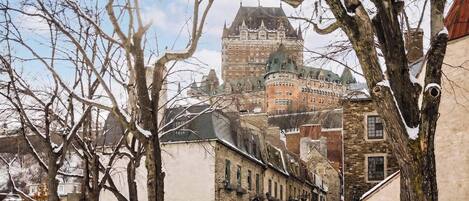 Un edificio histórico con una torre destacada y numerosas ventanas, rodeado de árboles cubiertos de nieve y otros edificios.