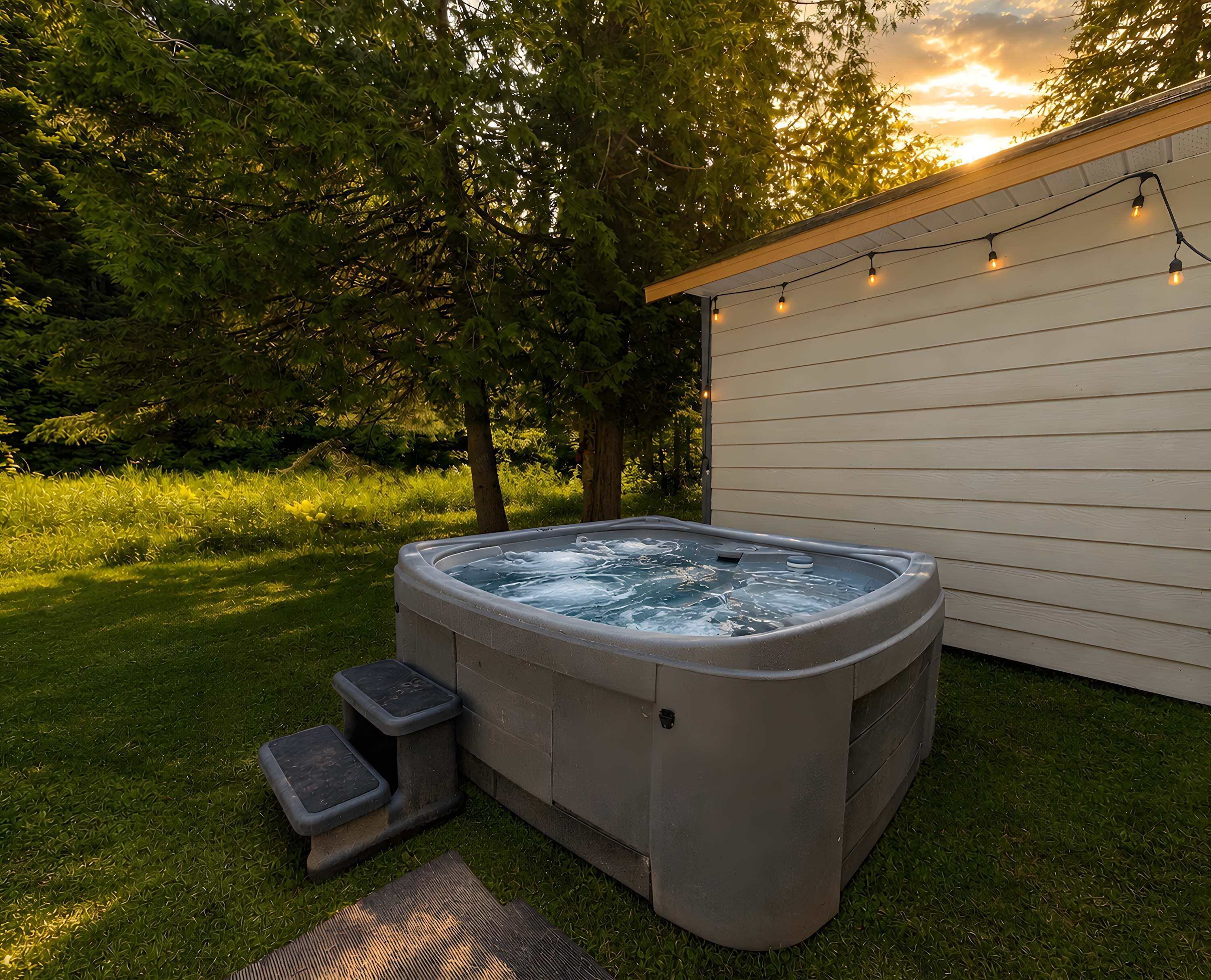 Ein Whirlpool in einem Hinterhof mit einer Holzterrasse und Lichterketten.
