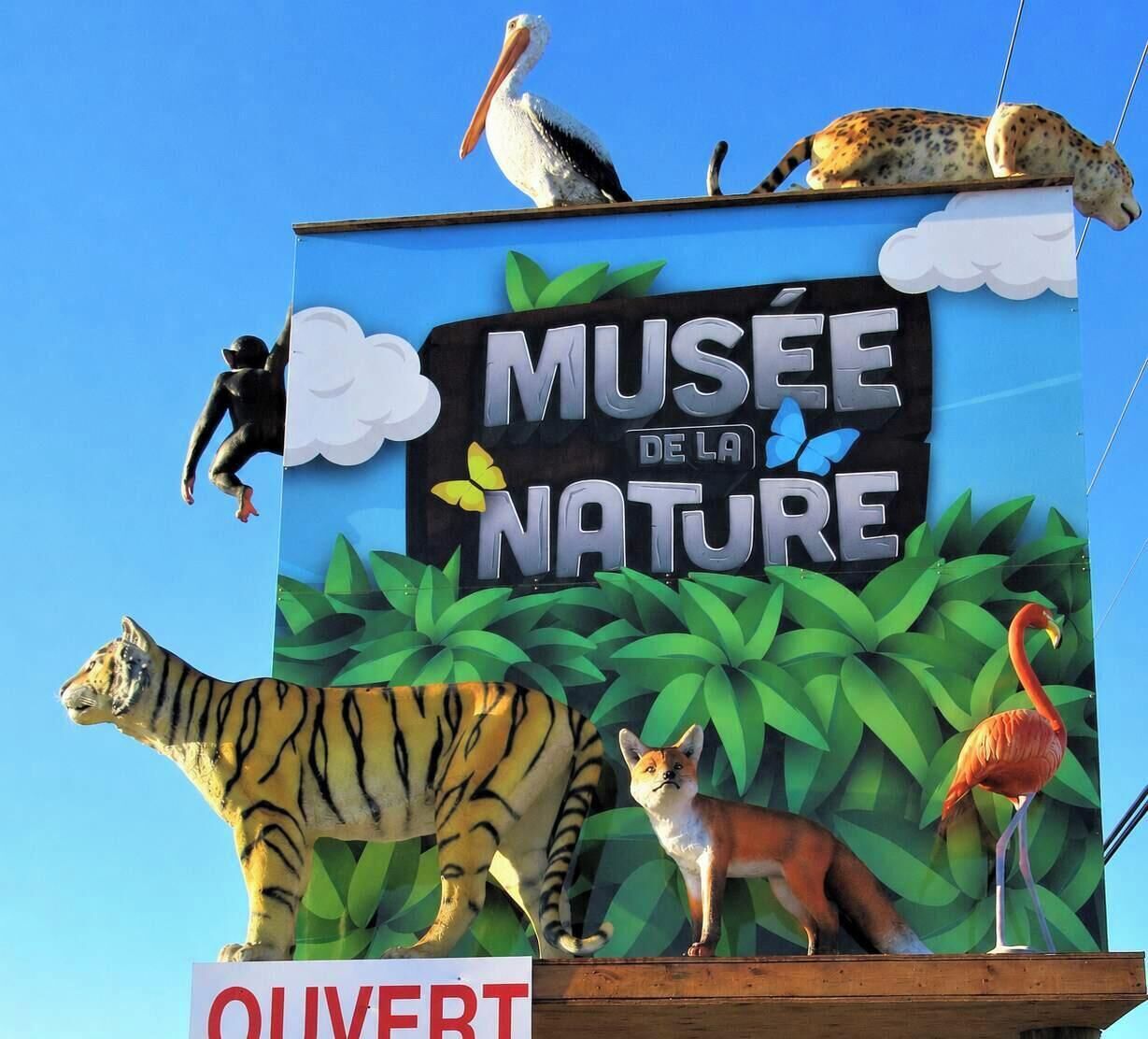 Une enseigne indiquant le Musée de la Nature, avec différentes sculptures d’animaux.