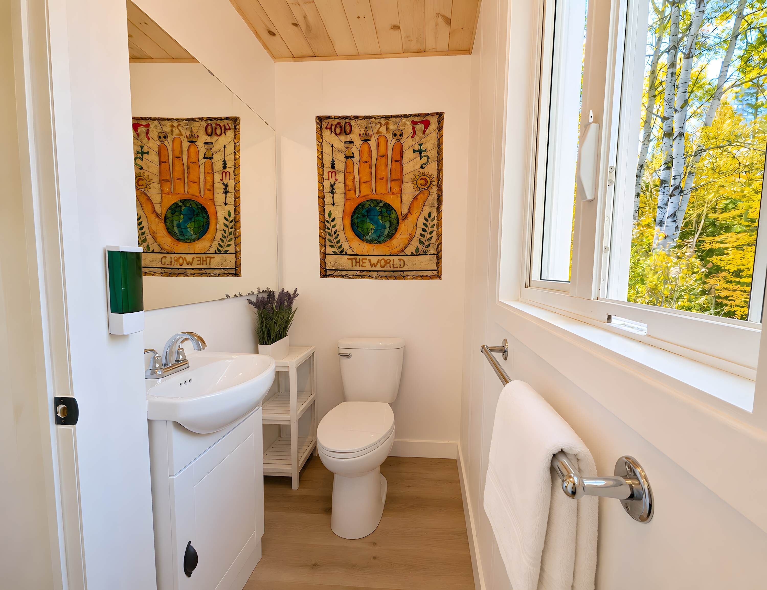 Une salle de bain avec un lavabo blanc, des toilettes, un porte-serviettes, un miroir et deux tapisseries murales.