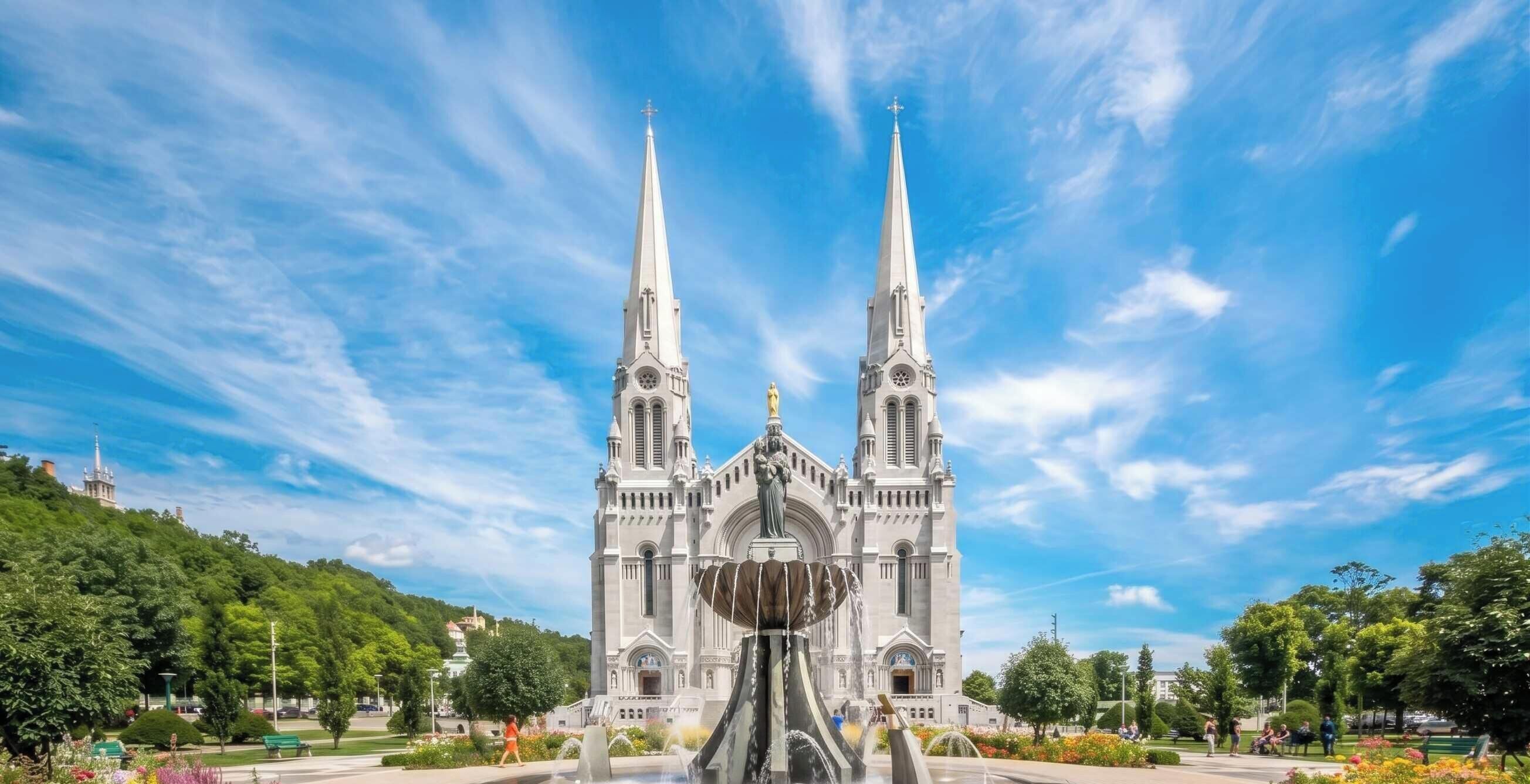 Eine Kathedrale mit zwei hohen Türmen, einer zentralen Fontäne und einem umliegenden Park mit Bäumen und Bänken.