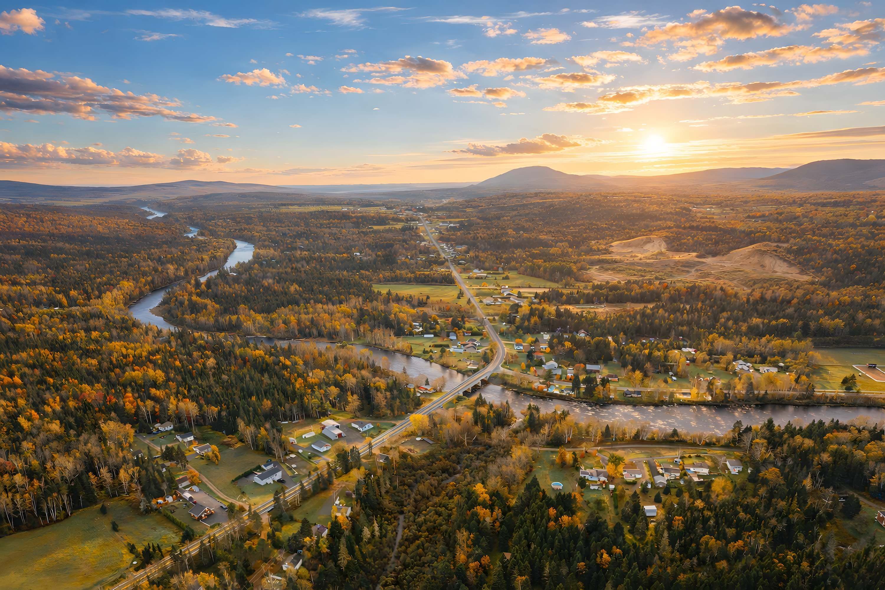 An aerial view of a town with a river, roads, and scattered houses.