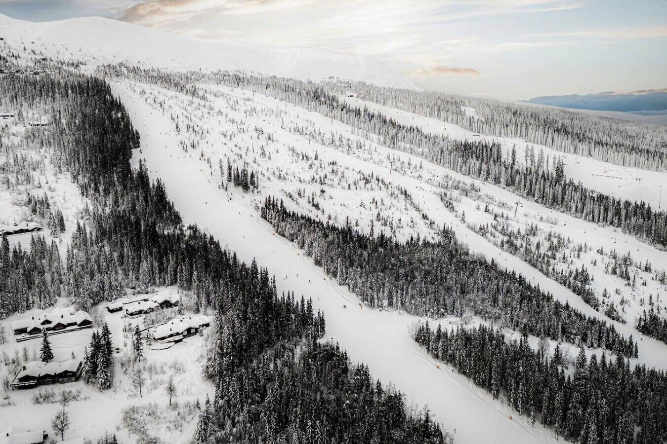 Un paisaje montañoso cubierto de nieve con bosques densos y algunos edificios en la base.