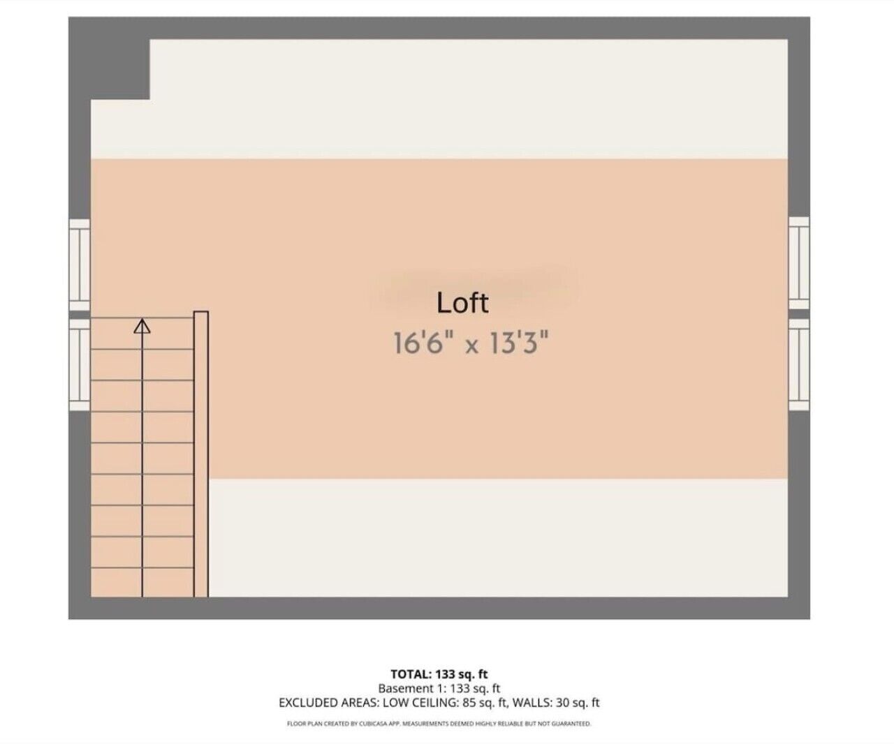 A floor plan of a loft with dimensions 16'6' x 13'3'. It includes a basement area of 133 sq. ft. and an excluded low ceiling area of 85 sq. ft. The total area is 133 sq. ft.