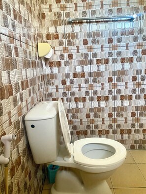 Shower, towels, soap, toilet paper