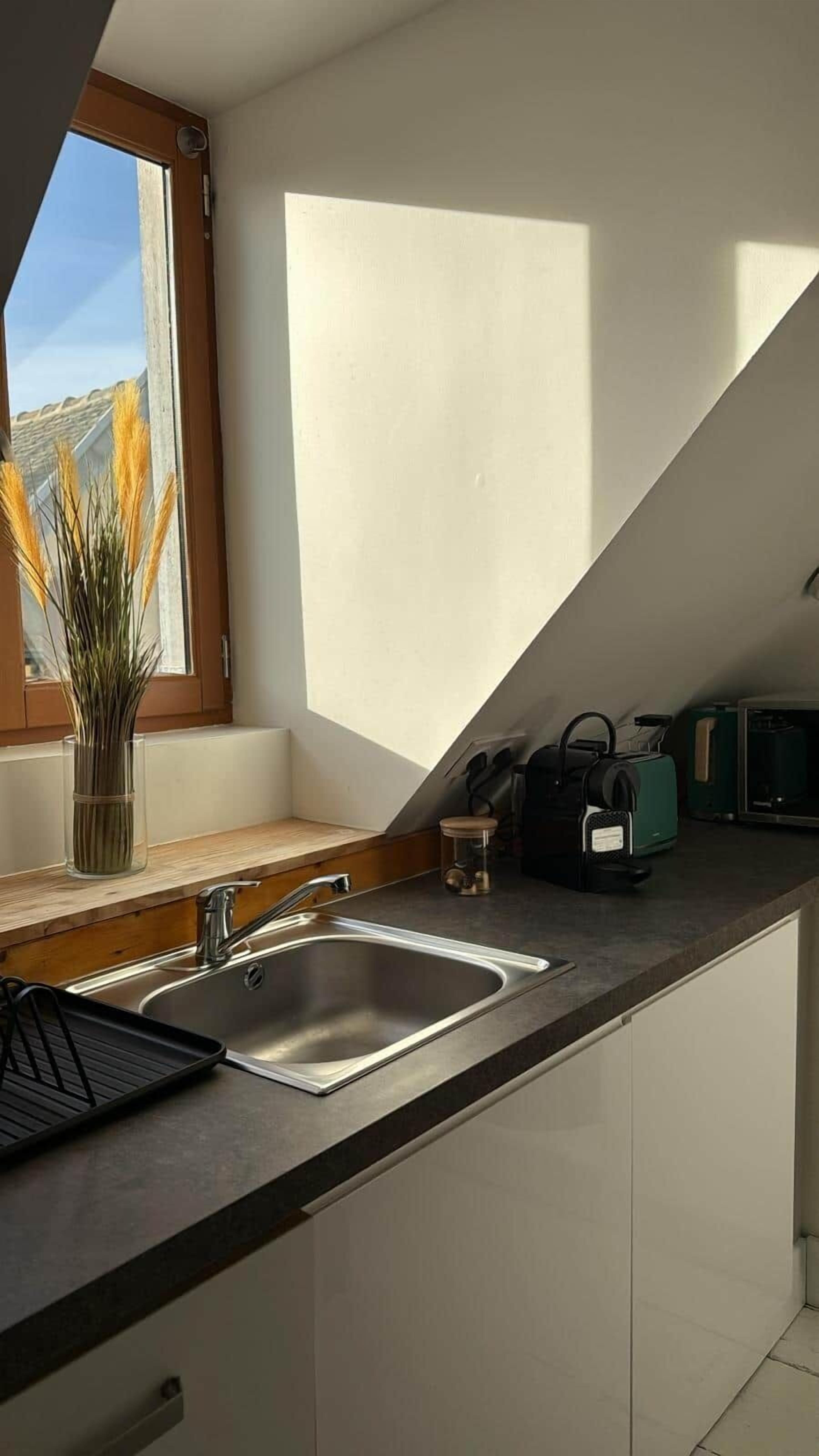 Une cuisine équipée d’un évier, d’une fenêtre donnant sur un beau paysage et d’un grille-pain posé sur le plan de travail.