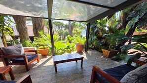 Un patio cubierto con mobiliario de madera, plantas en macetas y vista a la vegetación.