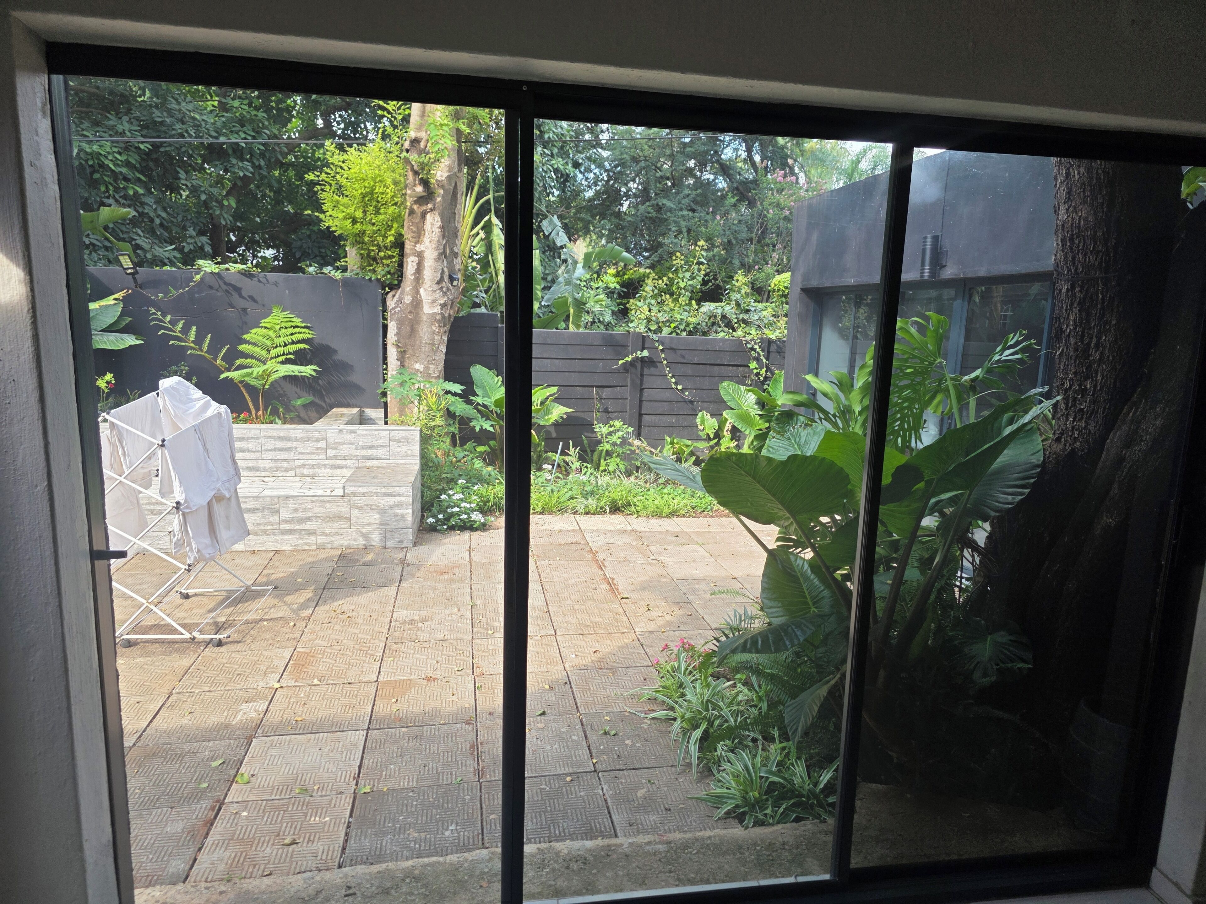 On aperçoit, à travers une porte-fenêtre coulissante, un espace patio avec un sol en briques, un étendoir et diverses plantes.